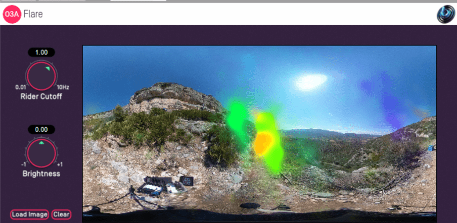 A screenshot of the O3A Flare plugin, showing an equirectangular  panoramic image with a superimposed color map.