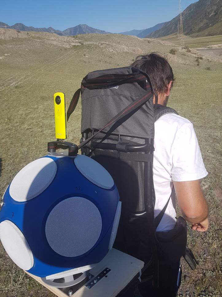 A man stands in a field, looking away from us, with a specially fitted backpack, on which the dodecahedron is mounted. A Ricoh Theta panoramic camera is screwed to the handle on top of the speaker.