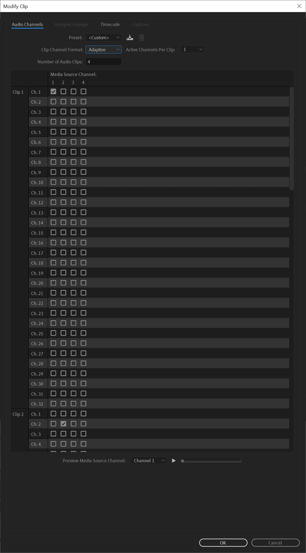 Media Source Channel 2 is checked on channel 2 of clip 2